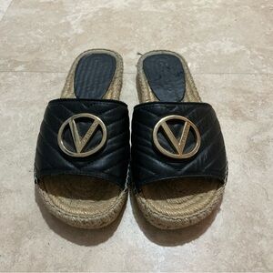 Valentino Black and Gold Espadrille Slides